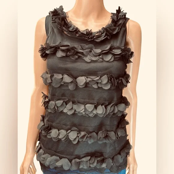 Romantic Fiona Elegant Black Sheer Sleeveless Top with Floral Accents Small - Picture 1 of 9